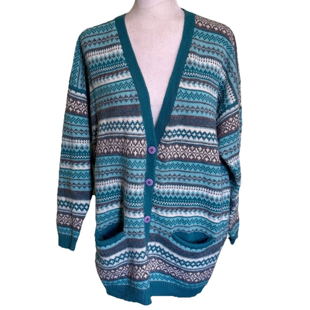 Vintage Maggie Lawrence 90s Blue Gray Stripe Southwest Mom Cardigan Cottage Sz S